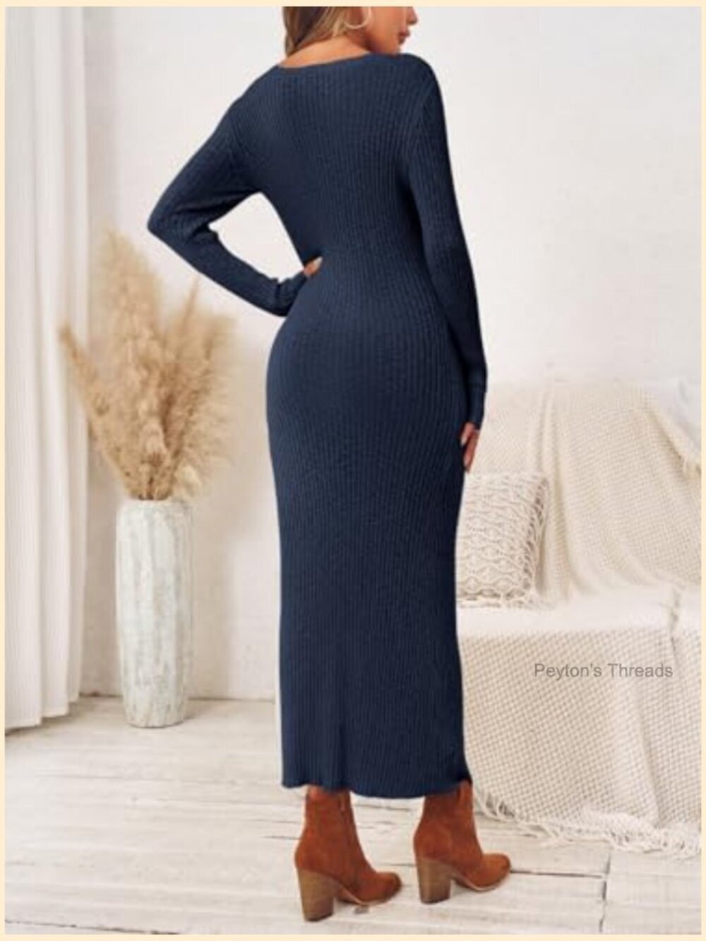 Ribbed Knit Long Sleeve Sweater Maxi Dress Bodycon Slim Fit Casual Fall - Picture 5 of 7